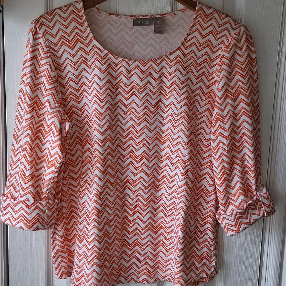 Chico's White and Orange Chevron Scoop-Neck Top 3/4 Roll Tab Sleeves
